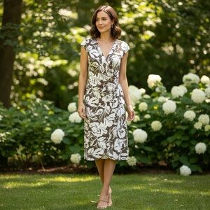 Tommy Bahama Women Floral Wrap Midi Dress Size S Casual Party Resort White Brown